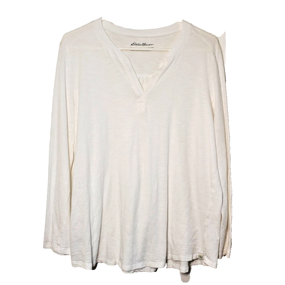 Eddie Bauer Henley Shirt XL White Cotton Long Sleeve-Casual Outdoor Women's